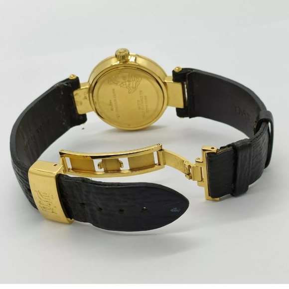 Versace Swiss Made Ladies Goldtone Watch W/Black Leather Shark Band Working - Picture 5 of 10
